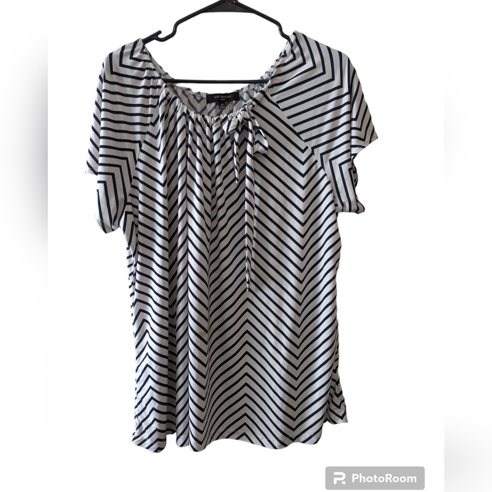 Liz McCoy Navy Blue and White Striped Shirt with side tie Size 2X